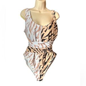 Jess Lea Tiger Striped Wrap One Piece Swim Suit  -Tan, White, & Black